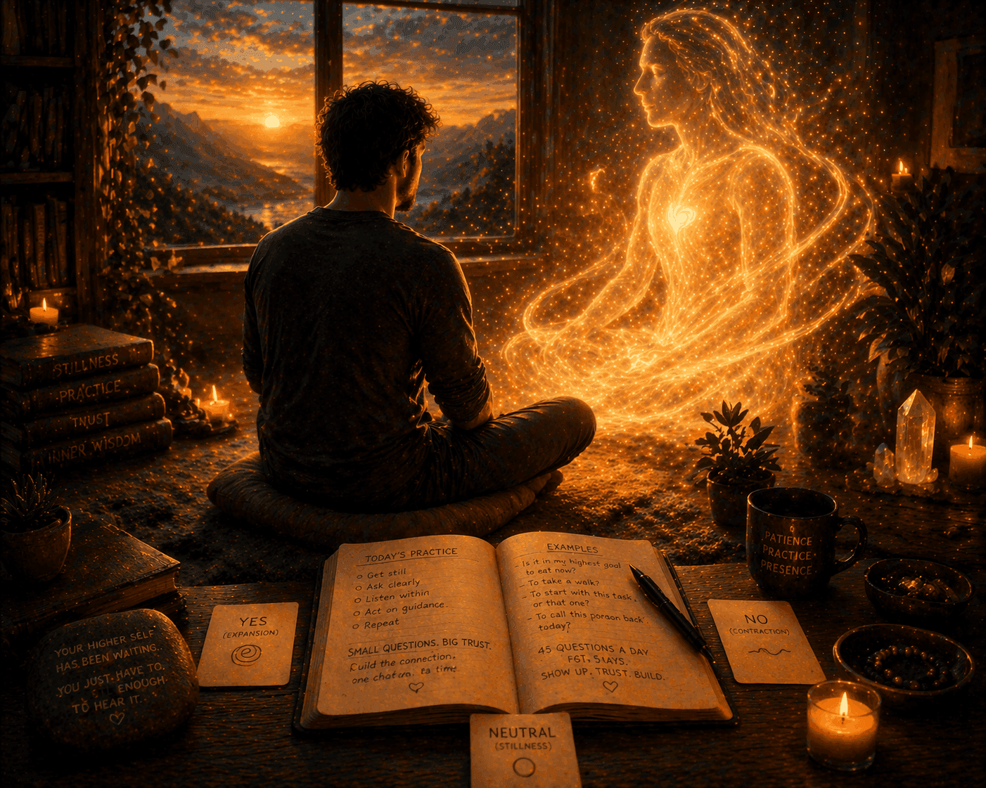 A man in stillness connecting with his Higher Self, represented as a warm glowing presence