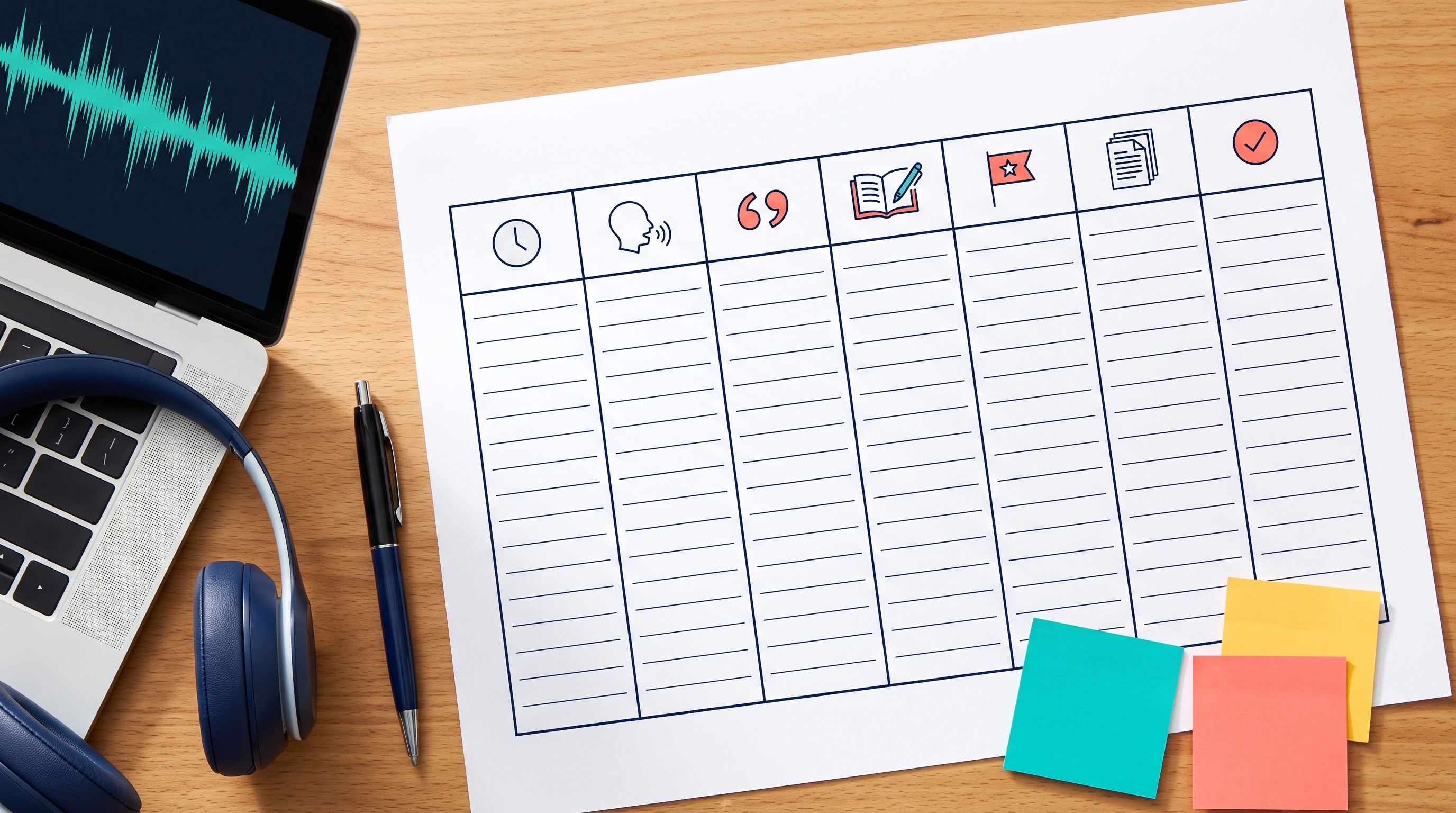 Timestamped podcast research note template