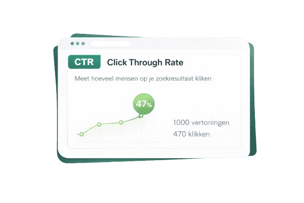 Minimalistic illustration of a search results page with a highlighted result, cursor icon, target symbol, and rising bar chart inside a white card with green border, representing click-through rate performance.