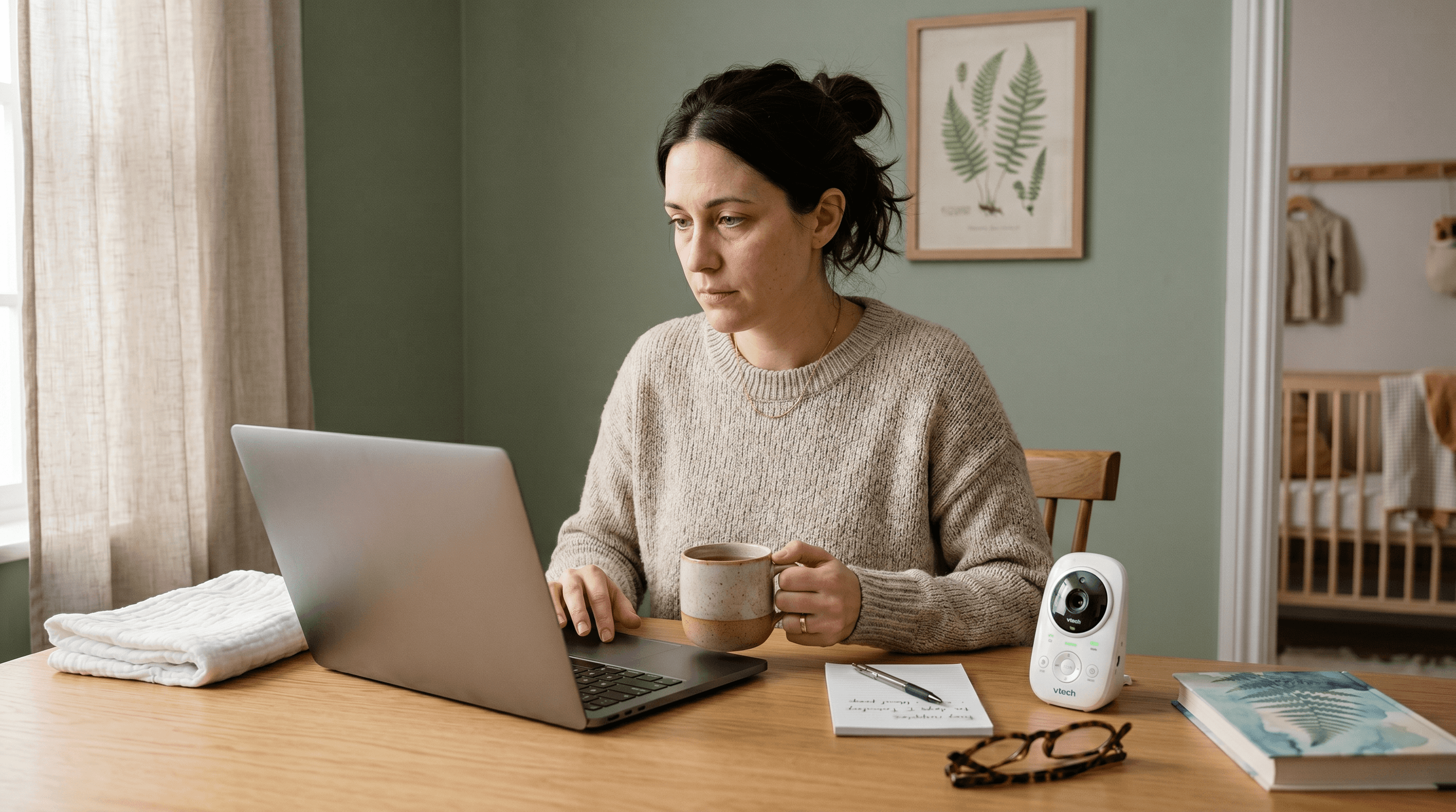 New mother at a home desk during a baby's nap, laptop open beside a baby monitor and a cup of tea in soft morning light
