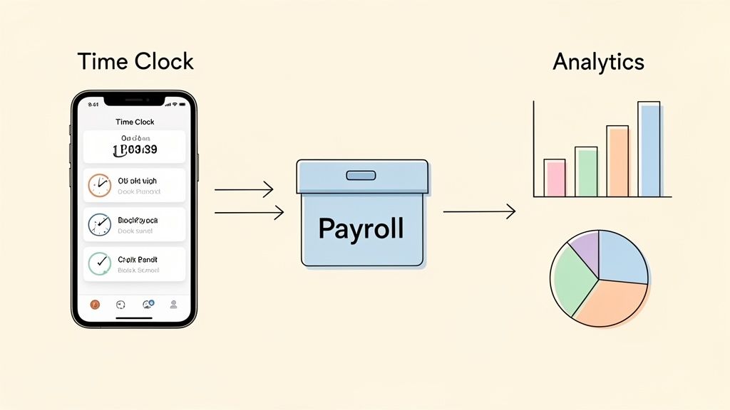 A workflow diagram showing time clock app data flowing to payroll and then to analytics charts.
