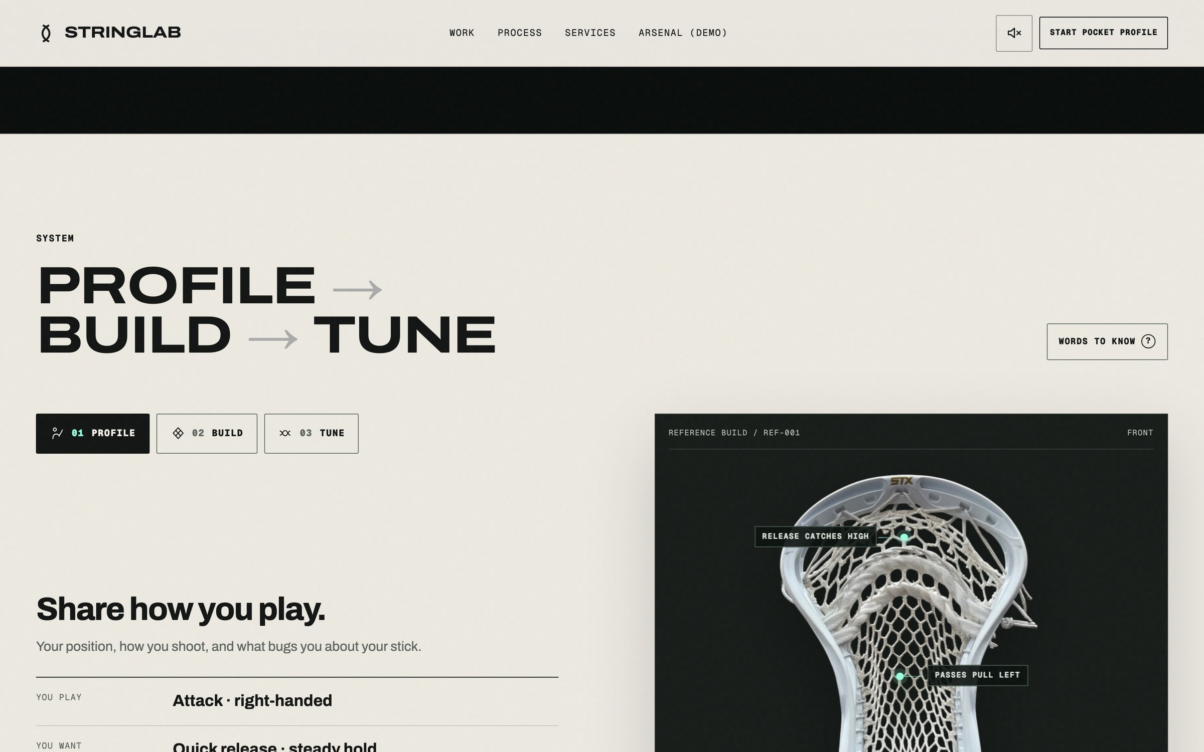 StringLab Profile, Build, Tune section: the Profile step with the player's answers beside a reference build