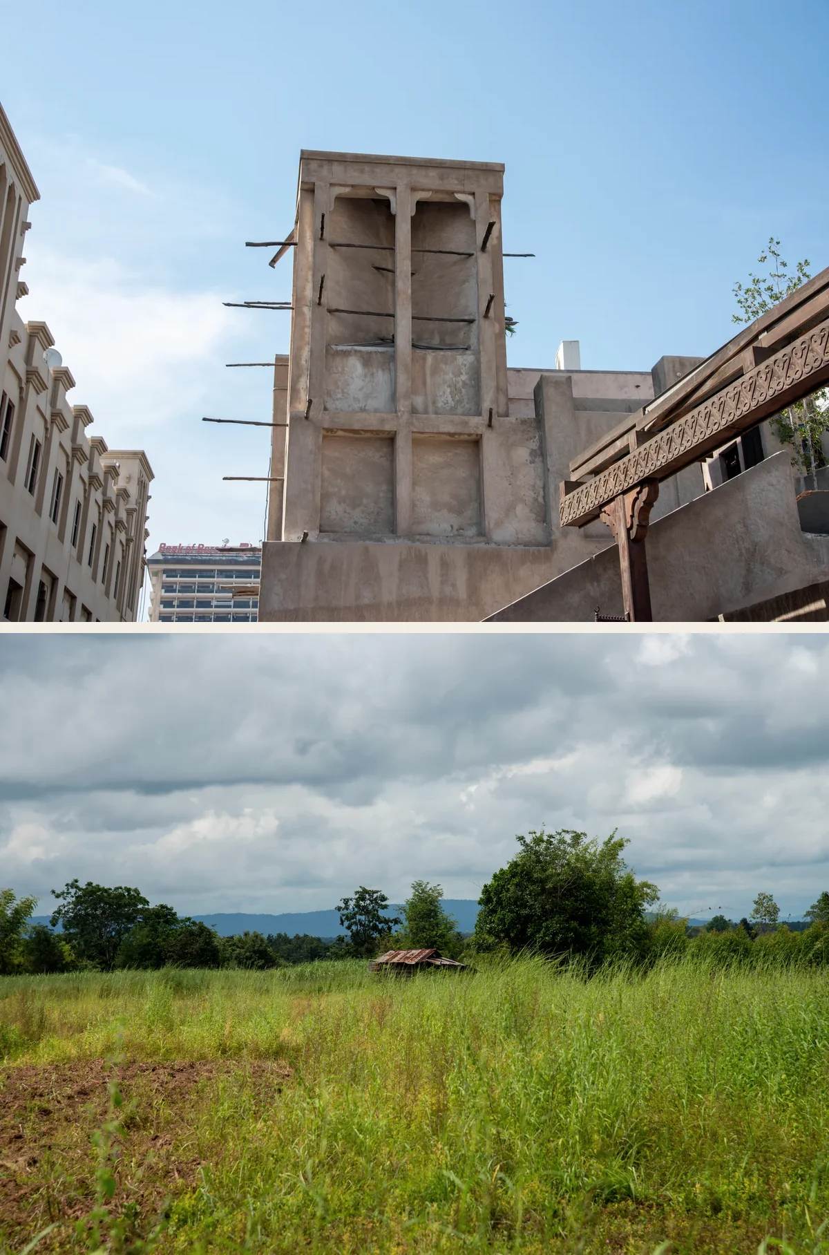 A traditional UAE wind tower paired with a rural landscape in Thailand.