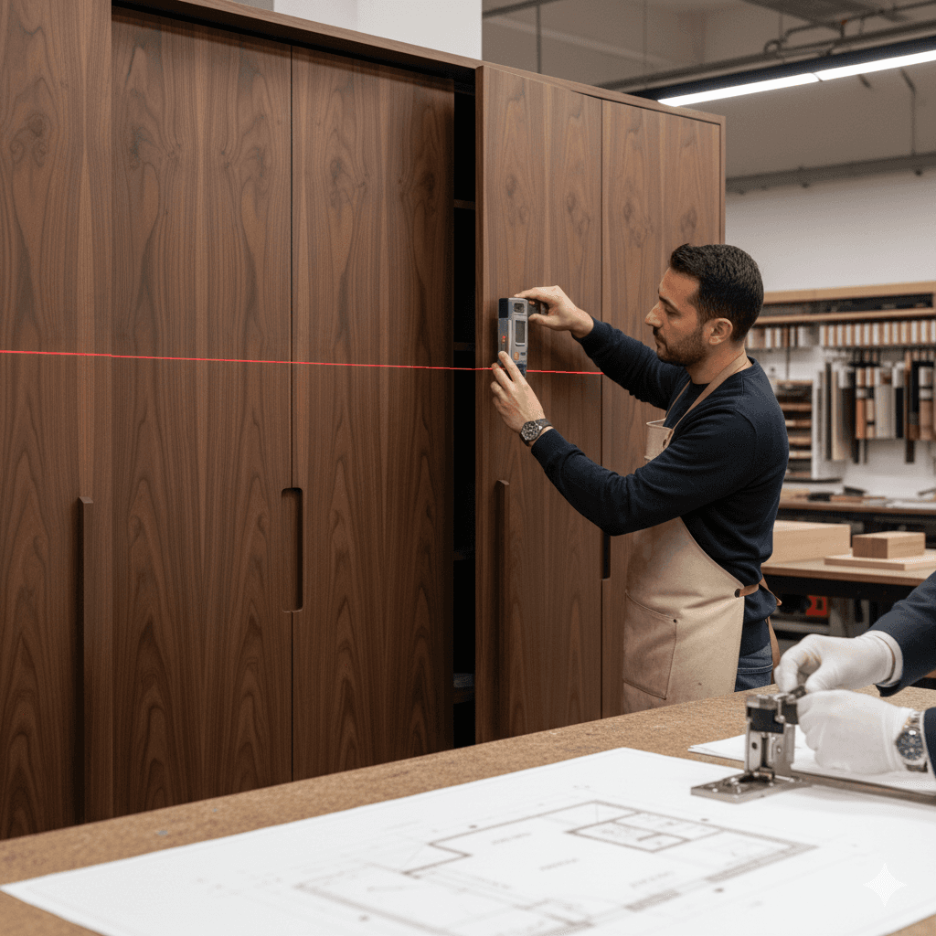 Professional interior architect using a laser level for precision measurement of a custom walnut wardrobe.