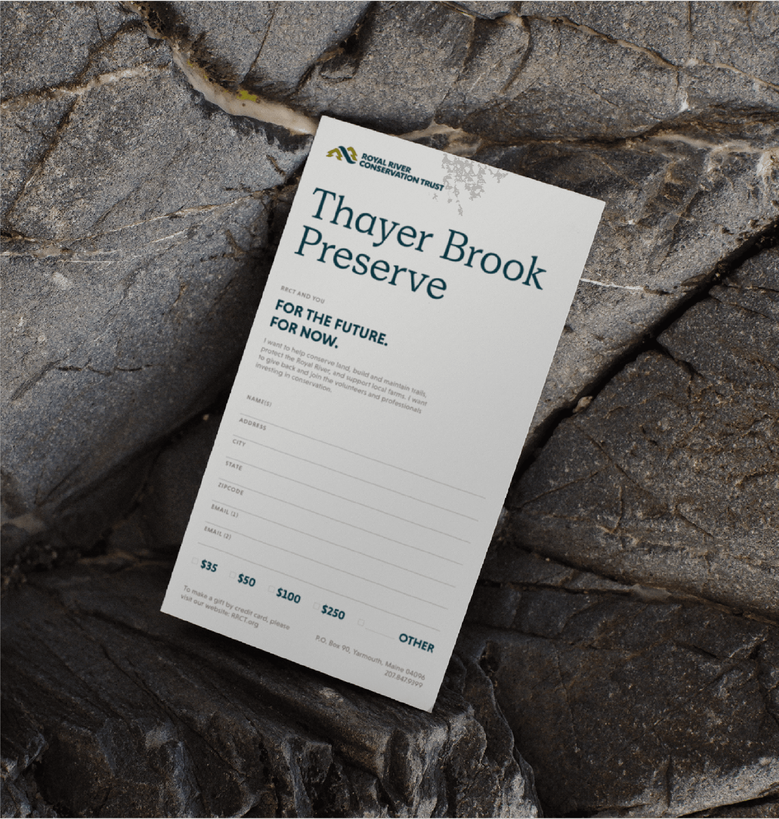 Royal River Conservation Trust donation mailer for Thayer Brook Preserve with contribution form