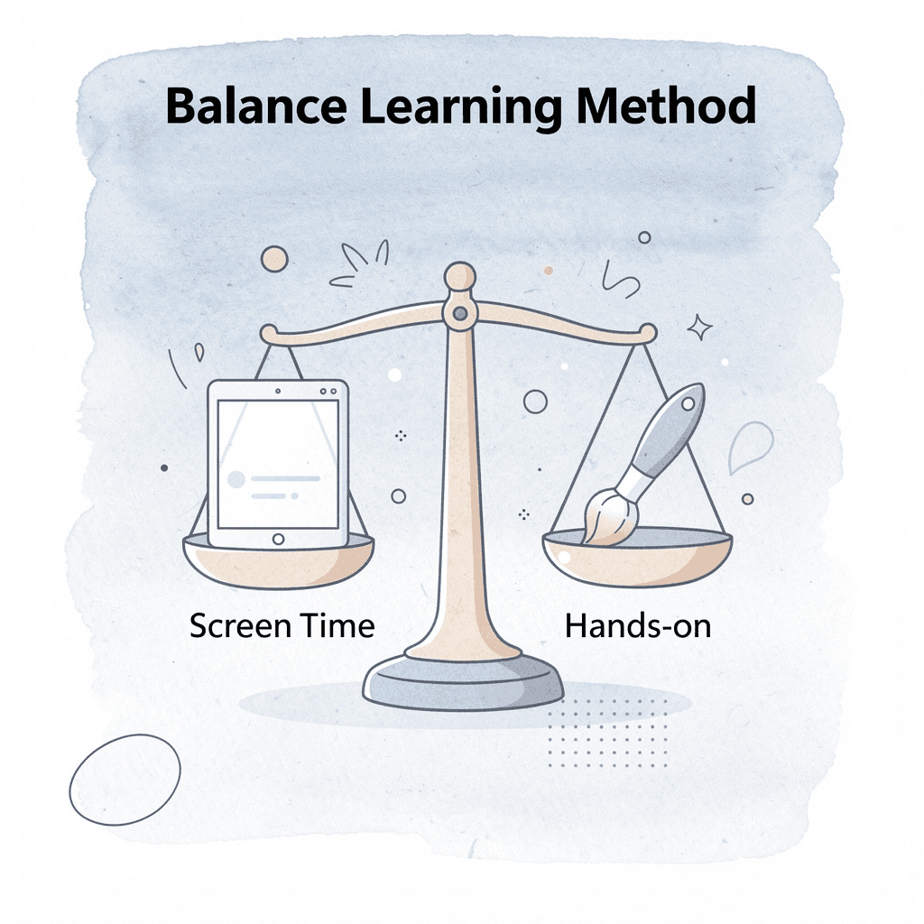 Balance scale comparing screen time and hands-on learning methods