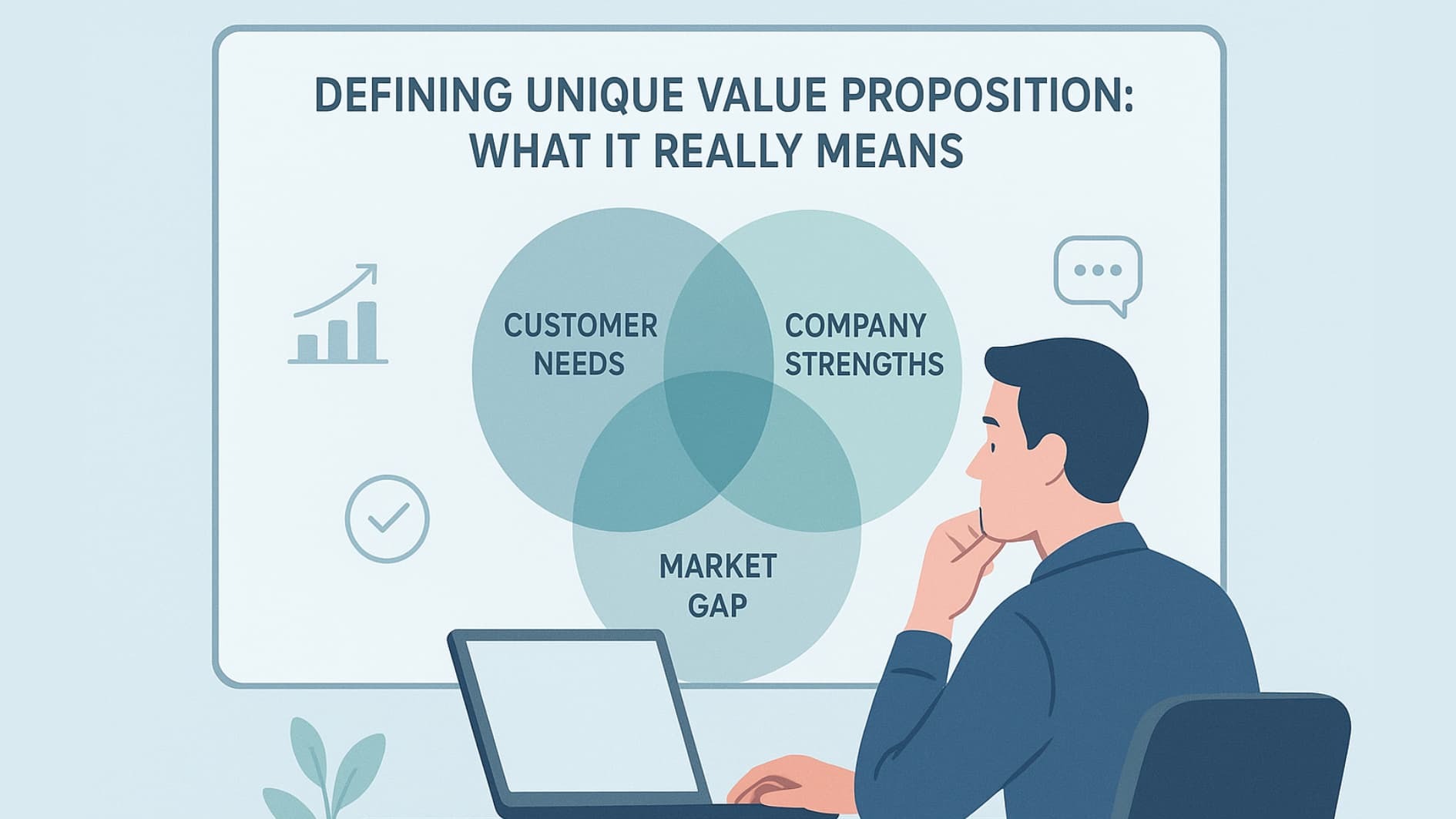 Vector illustration showing Unique Value Proposition (UVP) Crafting through overlapping circles of needs and strengths.