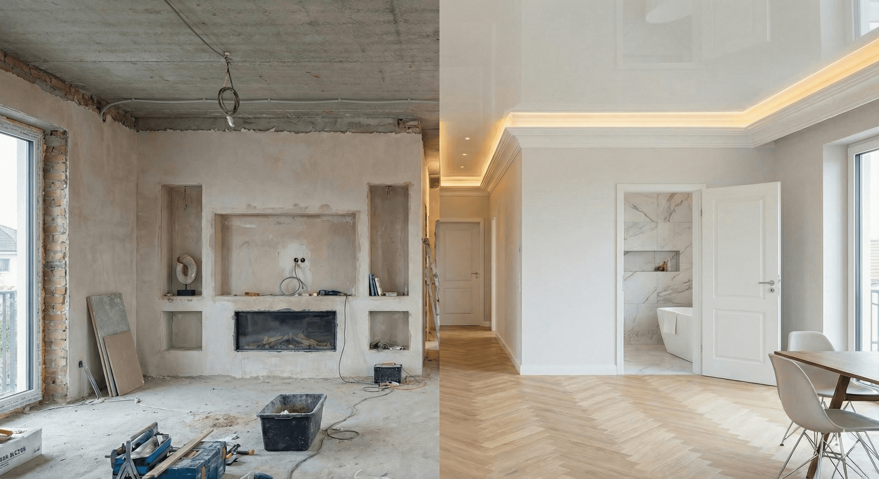 vorher nachher bild einer umfänglichen wohnungssanierung, links vorher (rohbau), rechts nachher (neuer boden, wände, abgehängte decke mit indirekter beleuchtung)
