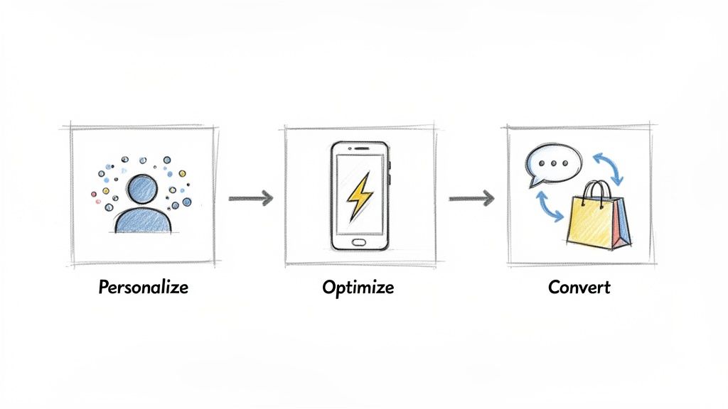 Infographic showing a three-step e-commerce strategy: personalize, optimize, convert.