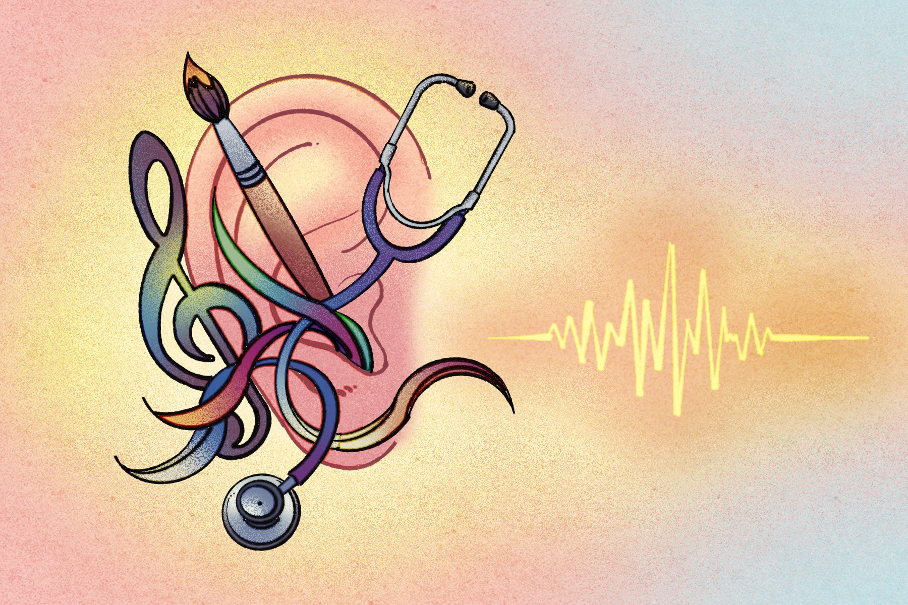Texturial illustration showing an ear on the left, from which a painting brush, a music note, and a stethoscope is coming out. On the right, a waveform in yellow.