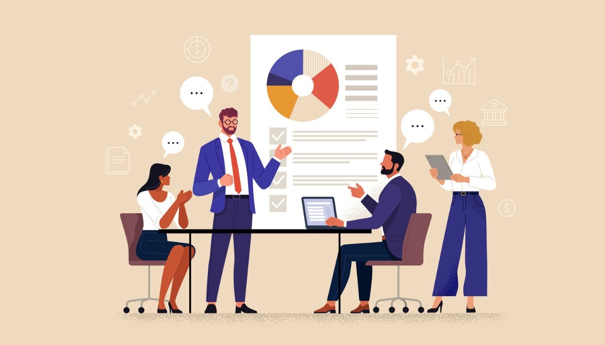 A team collaborating around a presentation board with charts and checklists.