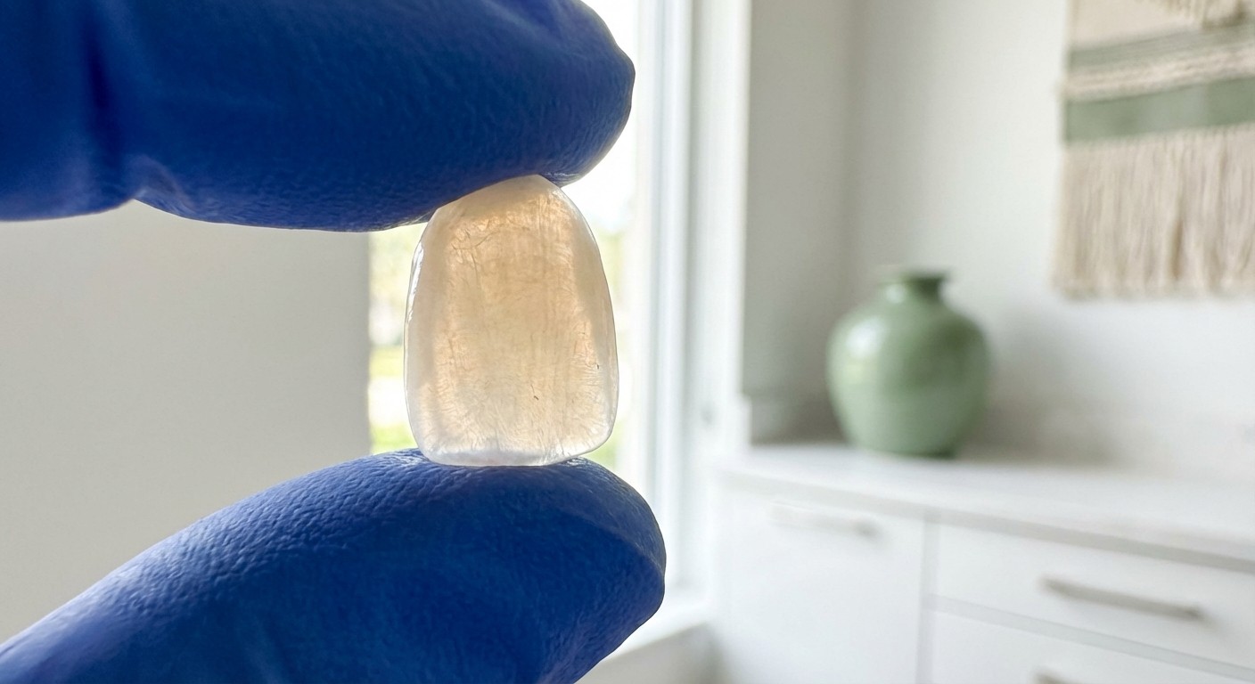 An ultra-thin porcelain veneer shell showing its translucency and natural tooth-like texture
