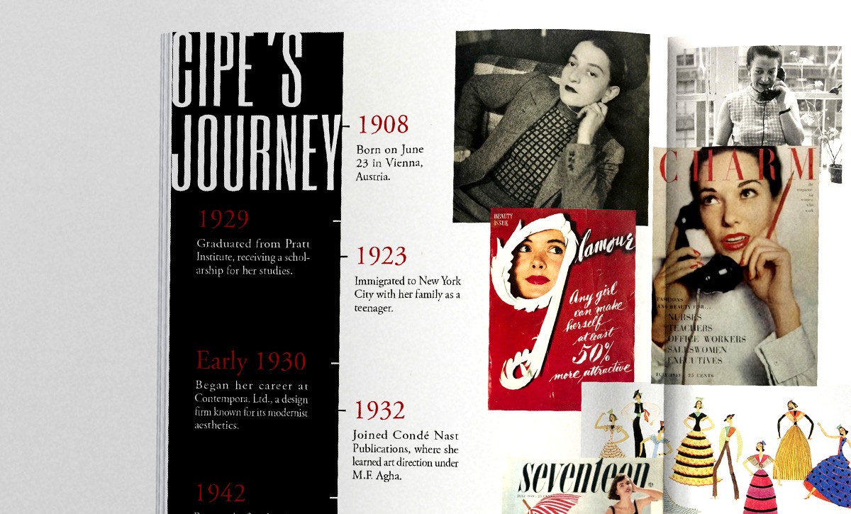 An open spread of Cipe Pineles magazine explaining her timeline