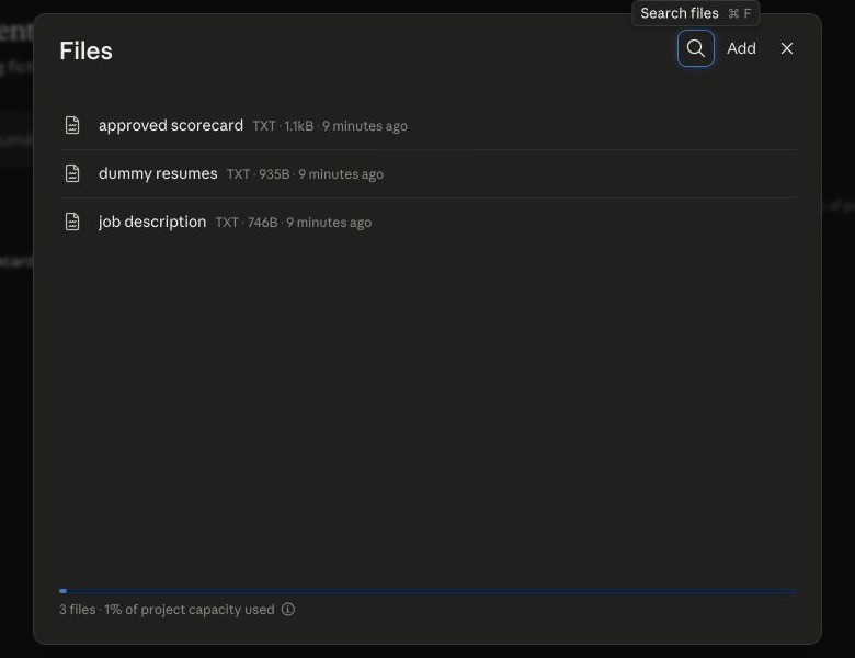 Three fictional tutorial files uploaded to the Claude project