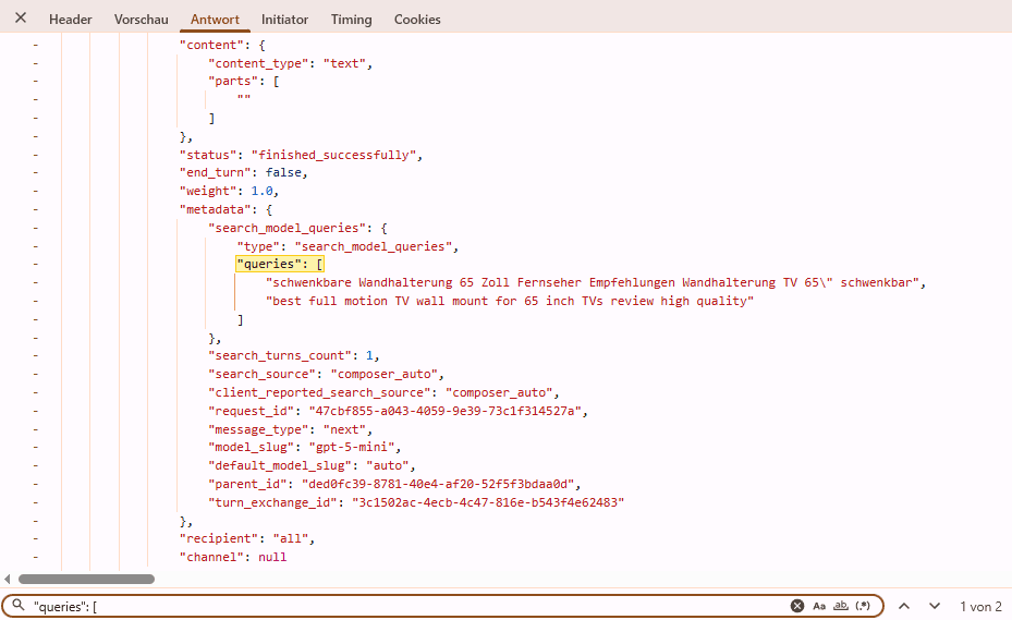 Screenshot Entwicklertools Chrome in ChatGPT Oberfläche geöffnet - Netzwerk, Antwort, Suche nach "Queries"