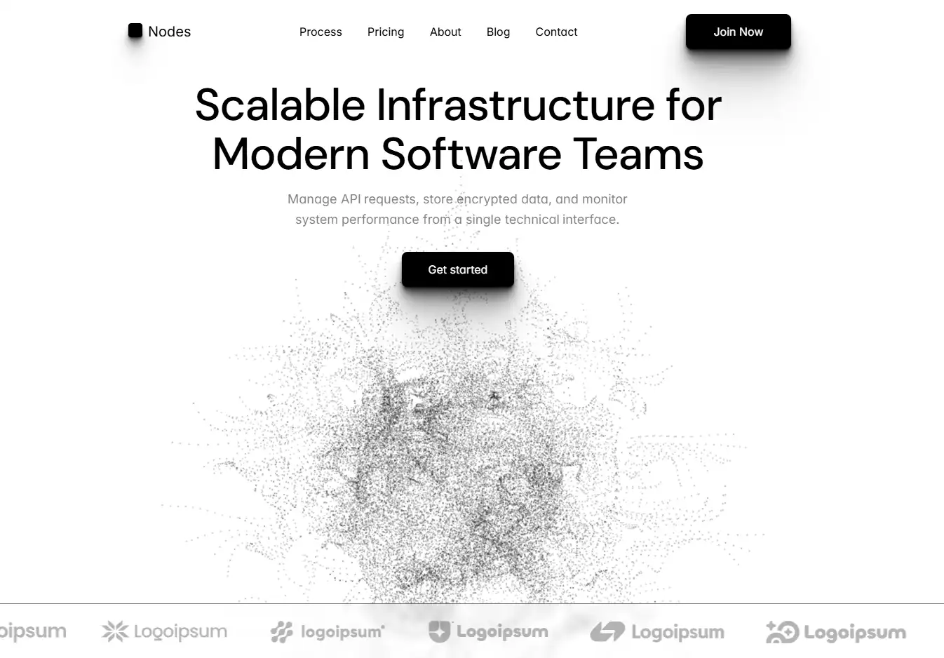 A clean, light-themed landing page for 'Nodes' featuring a complex abstract network of dots and lines, representing scalable software infrastructure.