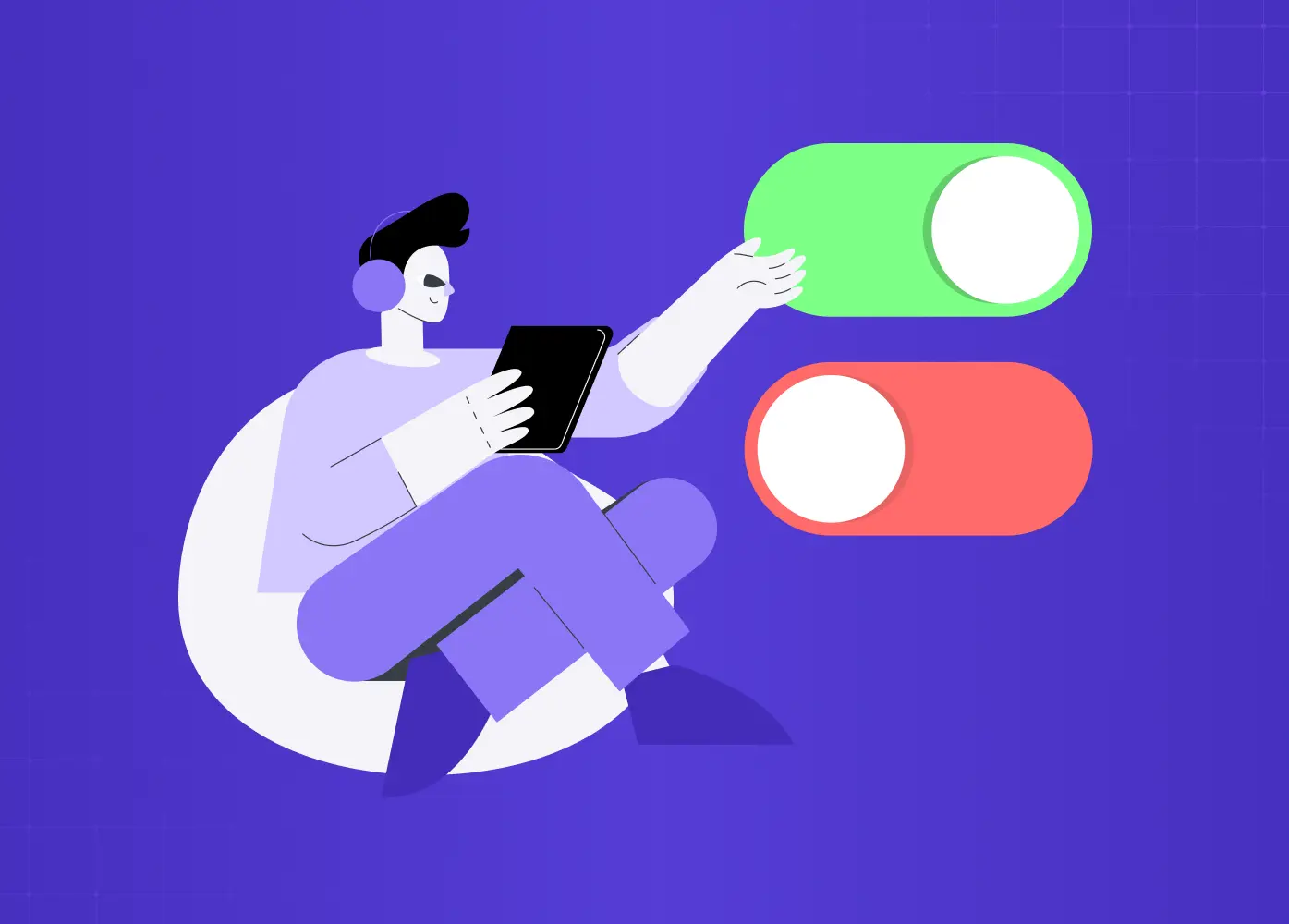 Illustration of a user interacting with toggle switches, representing settings, preferences, and feature controls.