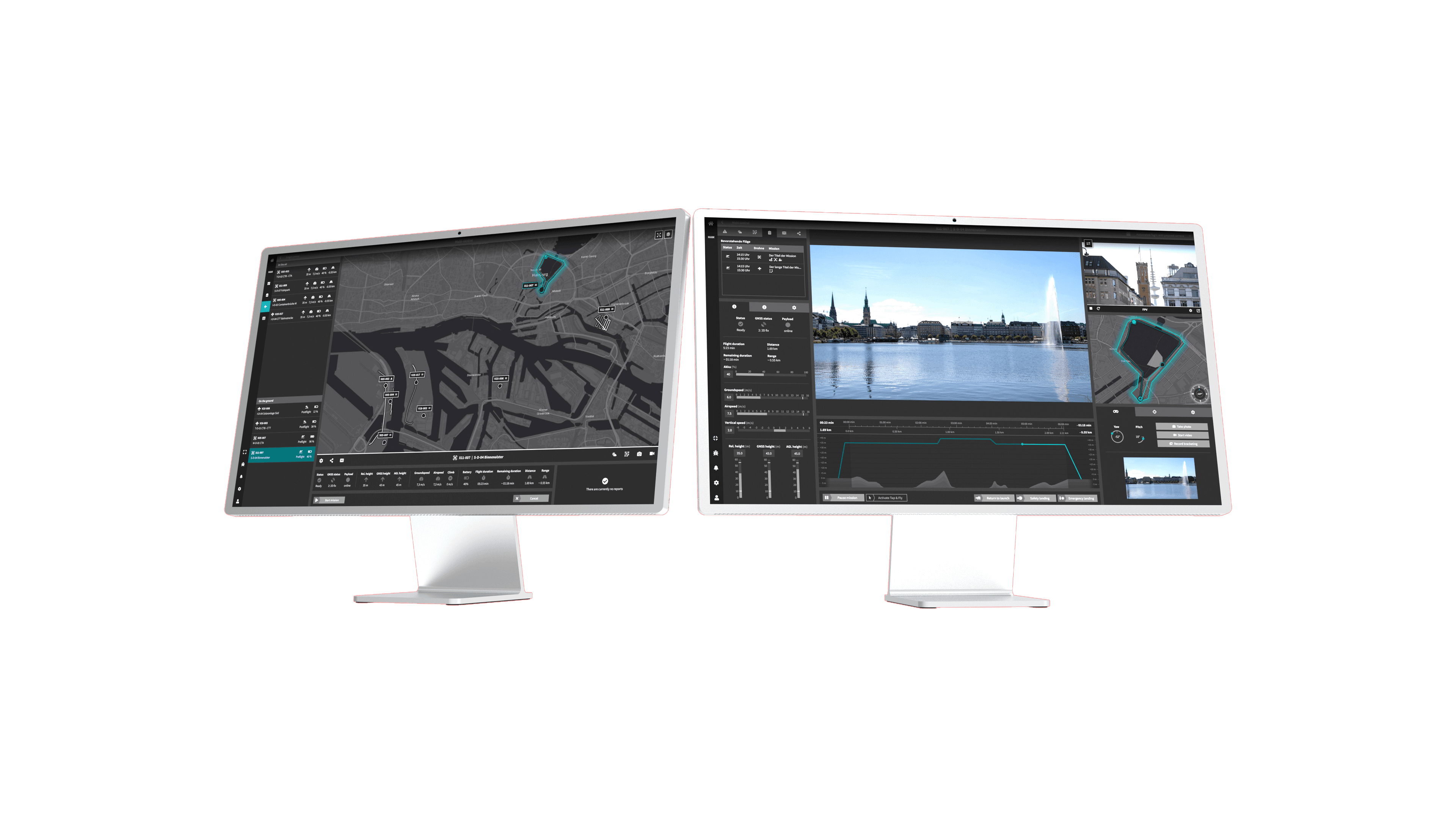 Multiple ICC operator screens displaying mission data and control panels for drone coordination.
