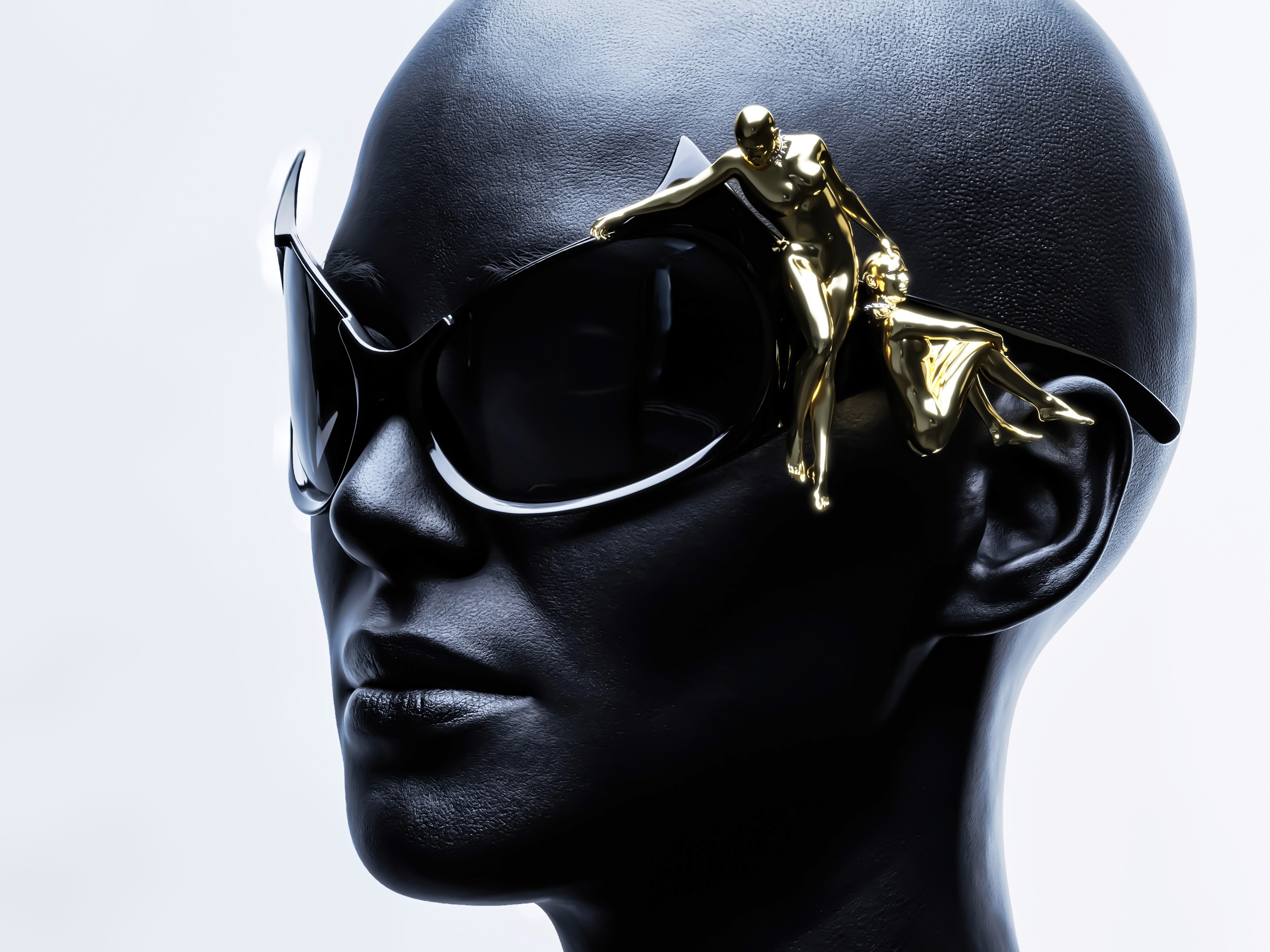 Female with dark skin wearing sunglasses with sterling silver accessoire, closeup