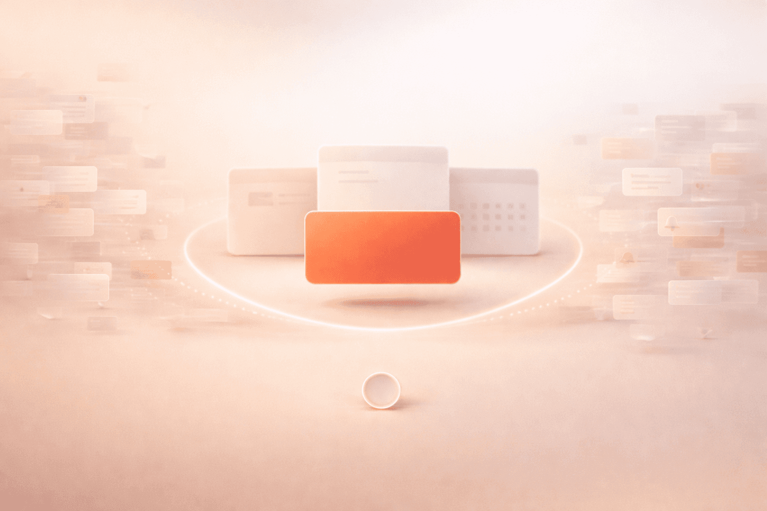 Minimalistische 3D-Illustration auf warmem cremebeigem Hintergrund mit drei zentral ausgerichteten Karten, davon eine korallorangene Heute-Karte im Vordergrund, umgeben von verblassenden, transparenten App-Panels und einem kleinen Timer-Ring unten als Symbol für Zeitstruktur und reduzierten Tool-Stack.