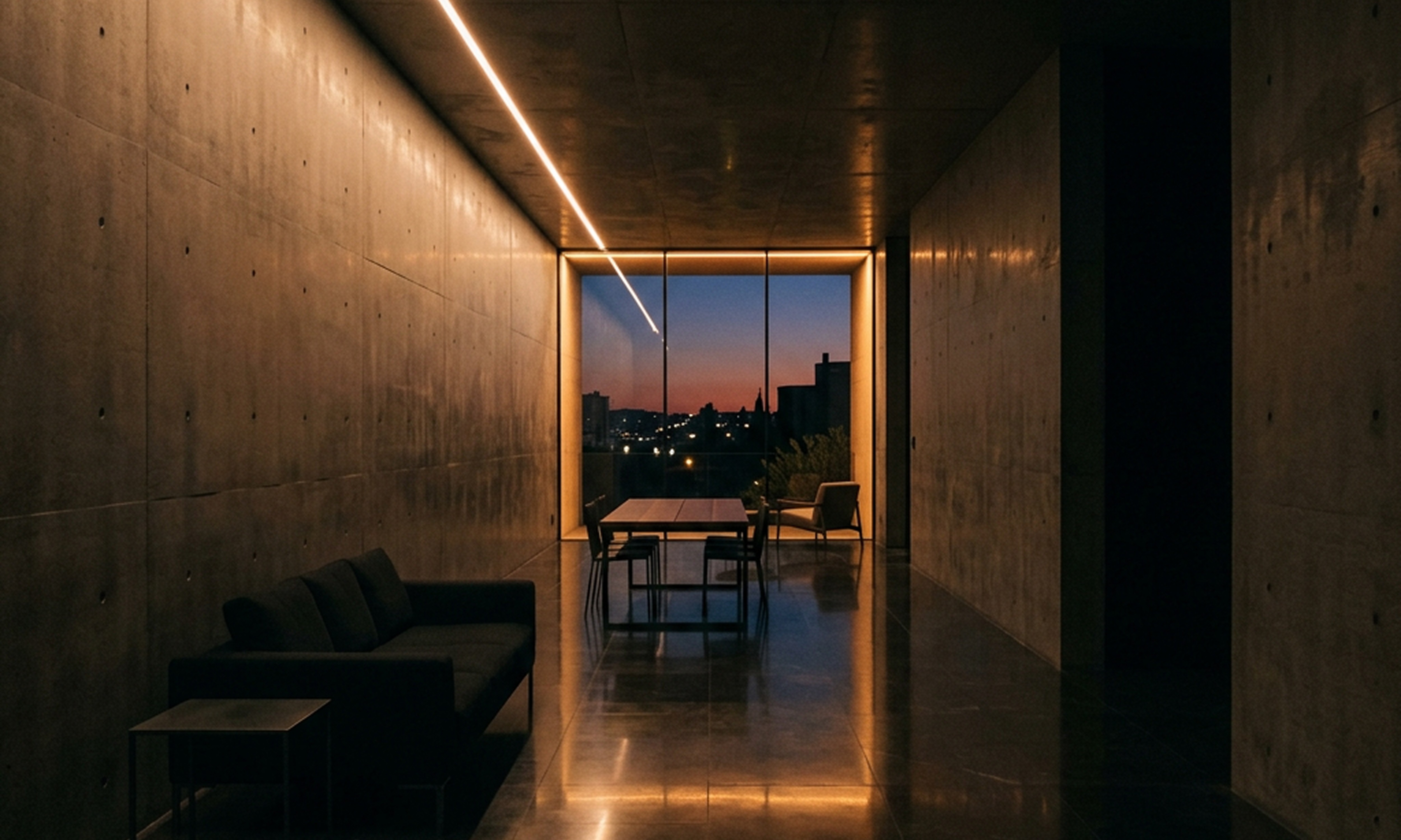 Three dark timber cabins scattered across a Norwegian granite plateau at dusk, mountains visible on the horizon