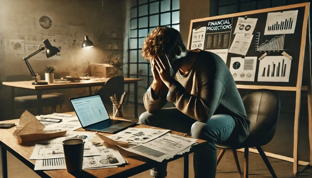 Stressed man sits with head in hands surrounded by financial charts and laptop in a dim office.