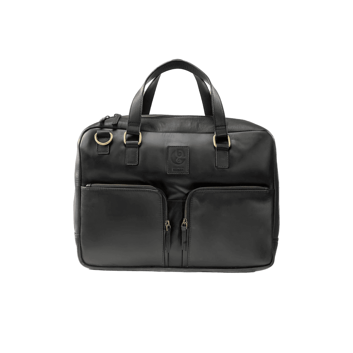 Black leather briefcase with gold hardware on a white background