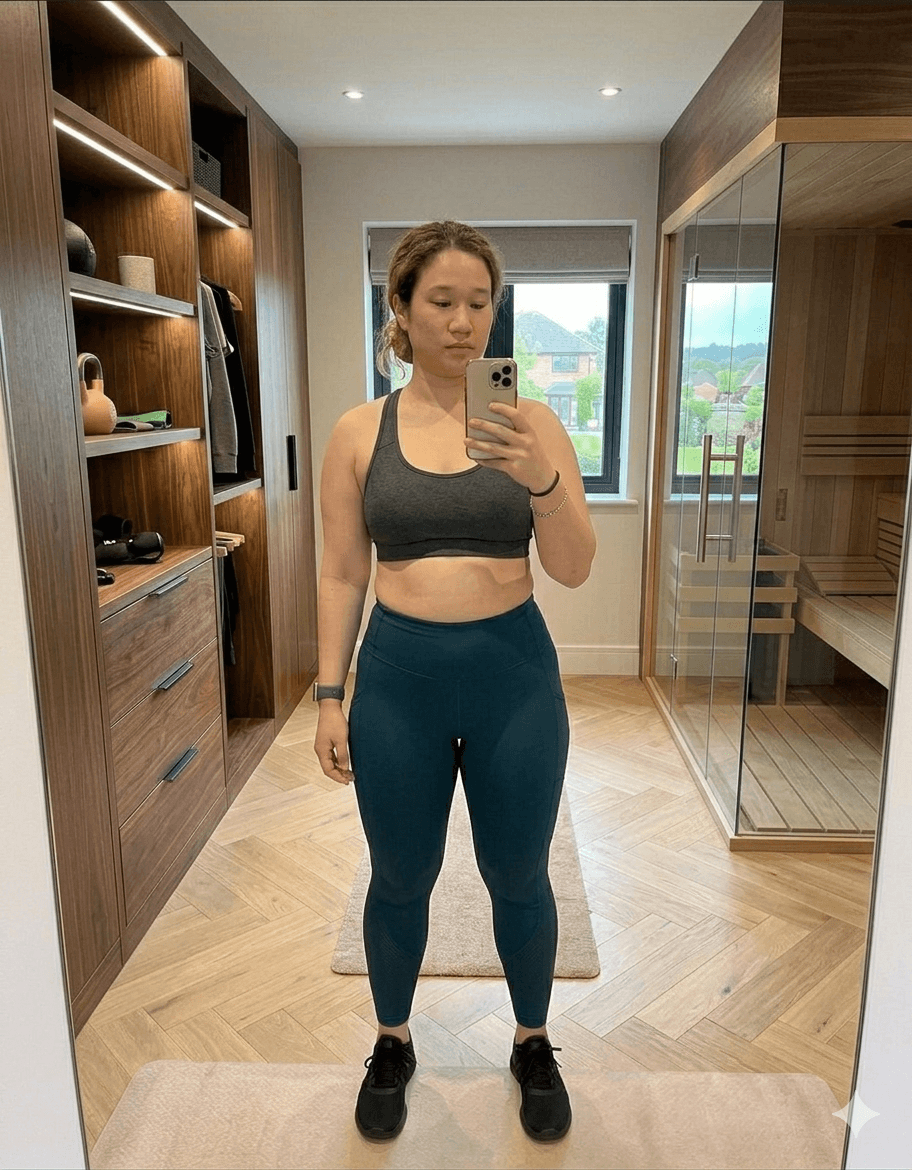 Anastecia before fitness transformation – front view mirror selfie in grey sports bra and teal leggings showing starting physique