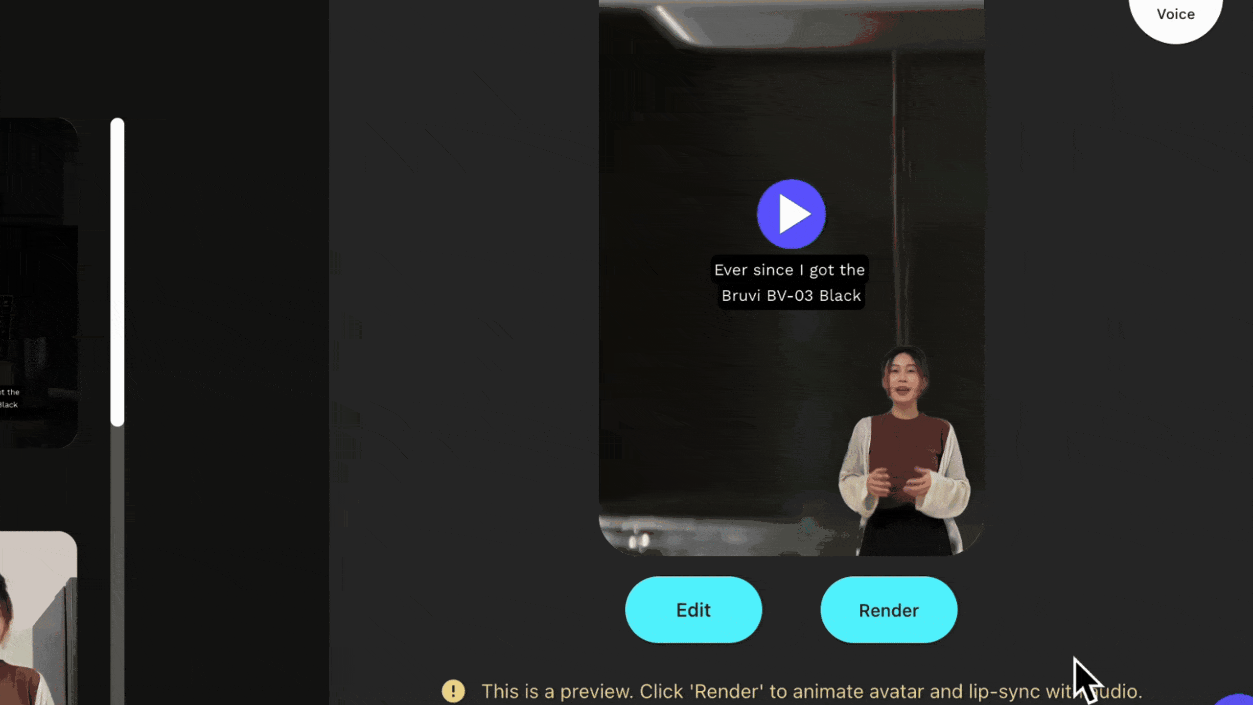 A gif of Creatify AI app on the “Choose a style” page with a cursor hovering on larger “Render” blue button with “Edit” button on the left, and moving to hovering on larger “Render” blue button and information on credit breakdown while zoomed in.