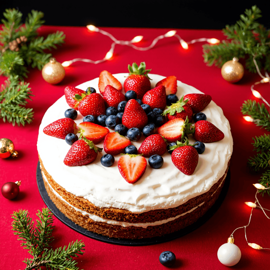 product photography of a round cake topped with fresh fruits and cream, typically used for celebrations