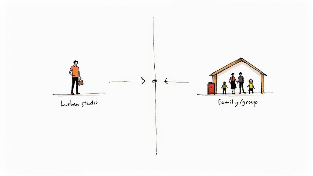 Comparison diagram showing urban studio apartment versus family group home with arrows pointing to center
