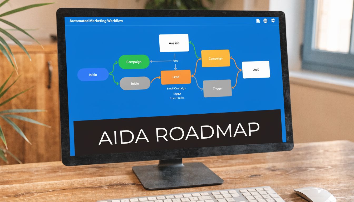 Una pantalla de ordenador mostrando un diagrama de flujo del modelo AIDA para automatización de marketing digital.
