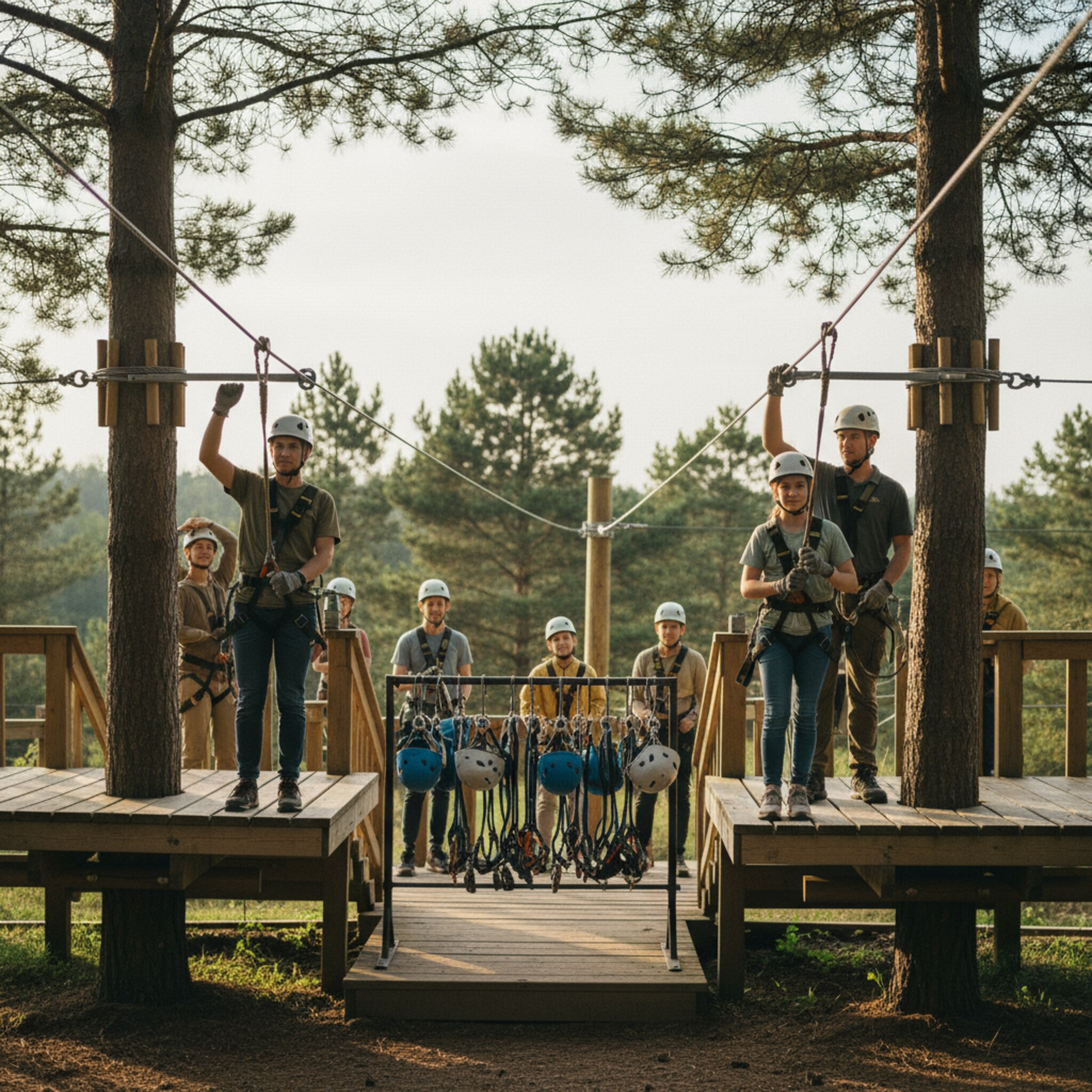 Zwei Guides geben nacheinander das Startsignal auf getrennten Plattformen, während weitere Helme ordentlich an Haken hängen. Die Sonne zeichnet klare Schatten, die Gruppen starten versetzt. Die Szene vermittelt Ruhe und perfekte Taktung im Ablauf.