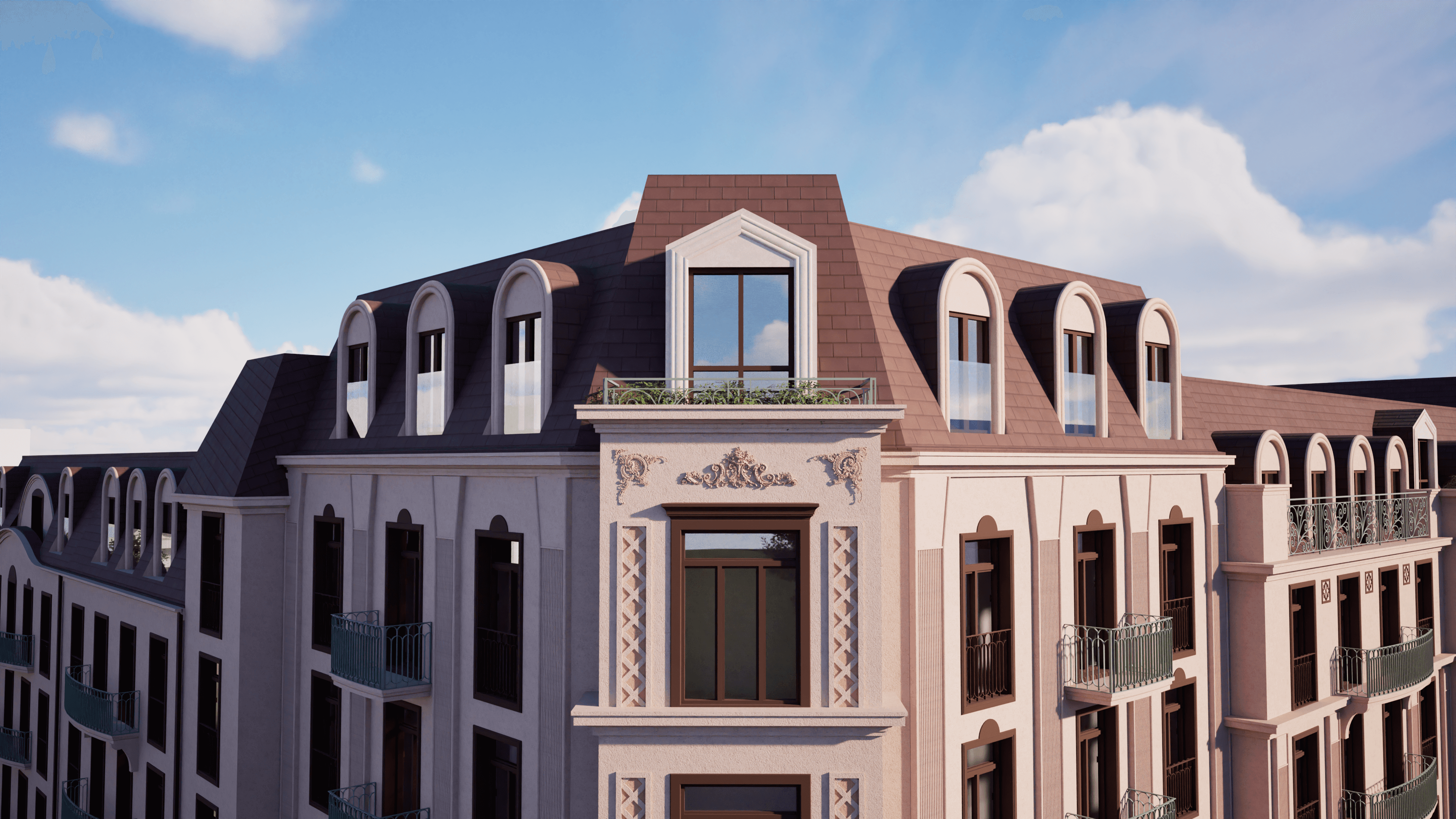 Øverste etasje i HasleHaven med buede takvinduer, terrasse og klassiske detaljer i varme materialer