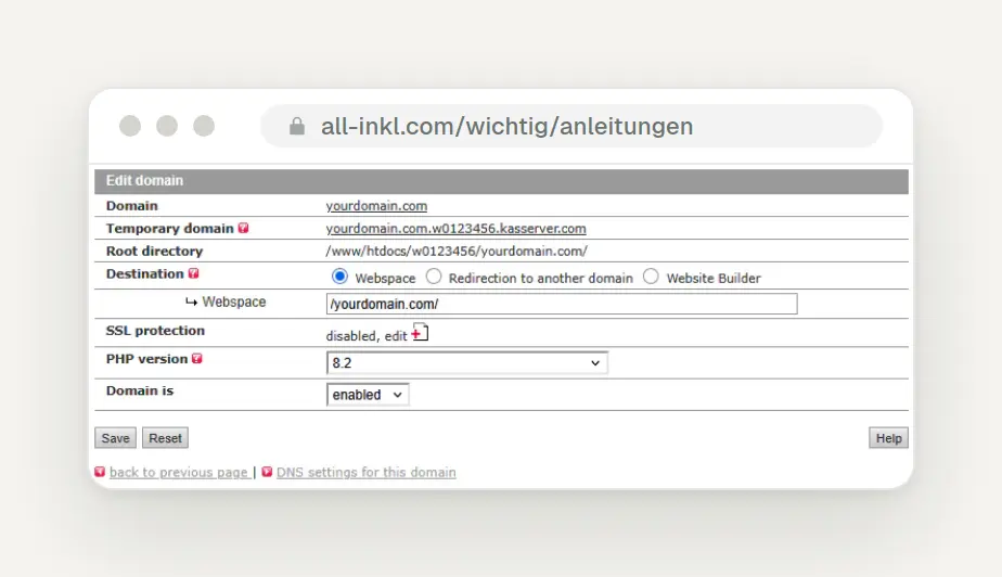 ALL-INKL KAS, "Edit domain" window: "PHP version" drop-down menu with version 8.2 selected