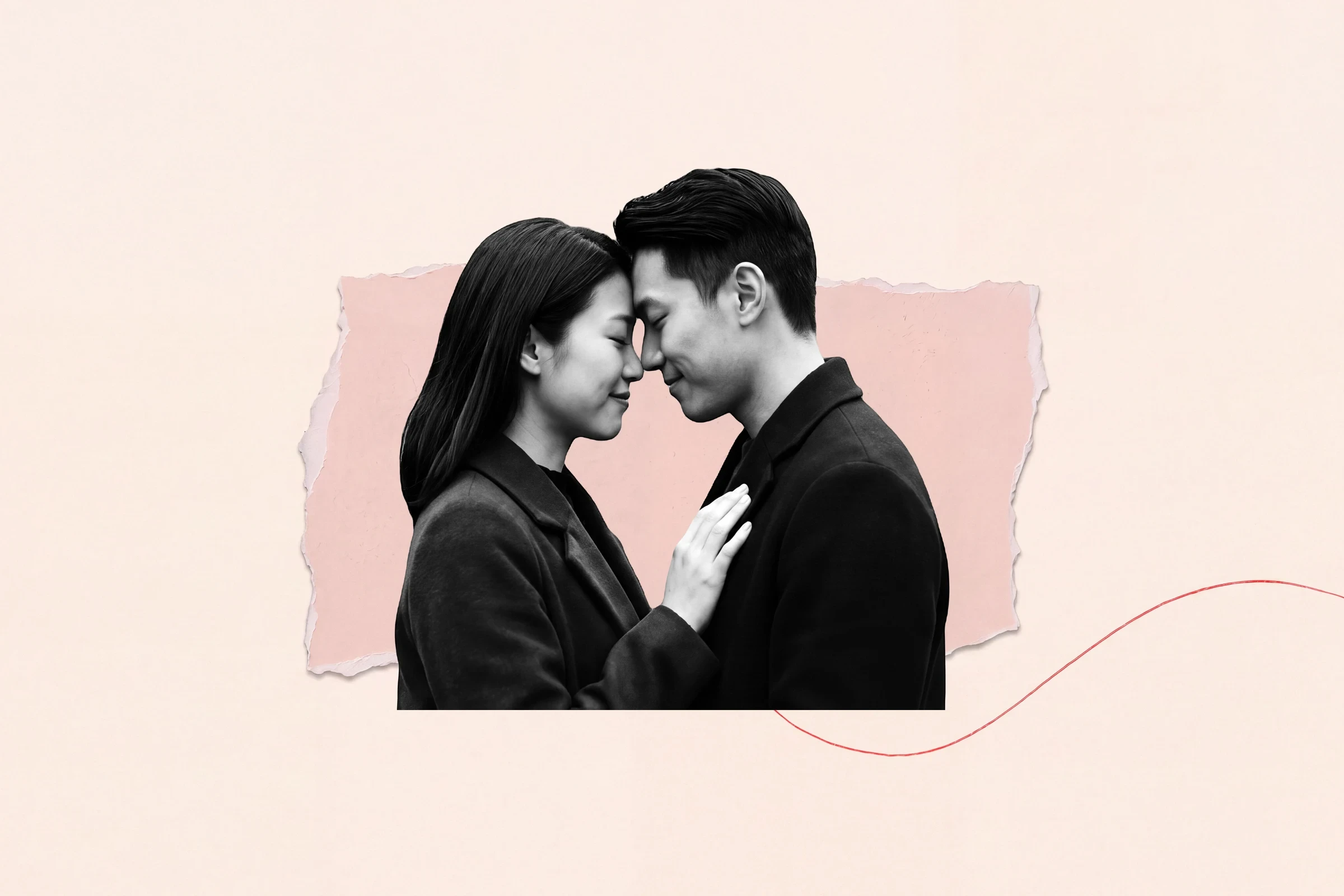 A young couple in dark wool coats stand forehead to forehead, eyes closed and smiling, her hand resting on his chest. A black-and-white cut-out on cream paper over a torn blush patch, with a thin red thread curling away to the right.