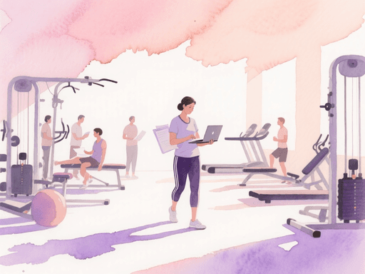 Practitioner in a physio gym setting taking notes on their laptop