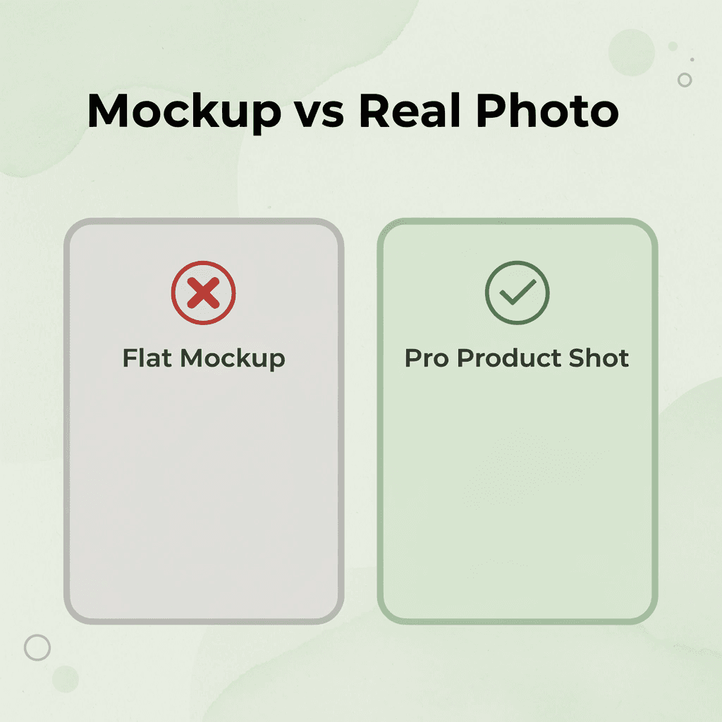 Before and after comparison of flat mockup versus professional product photo