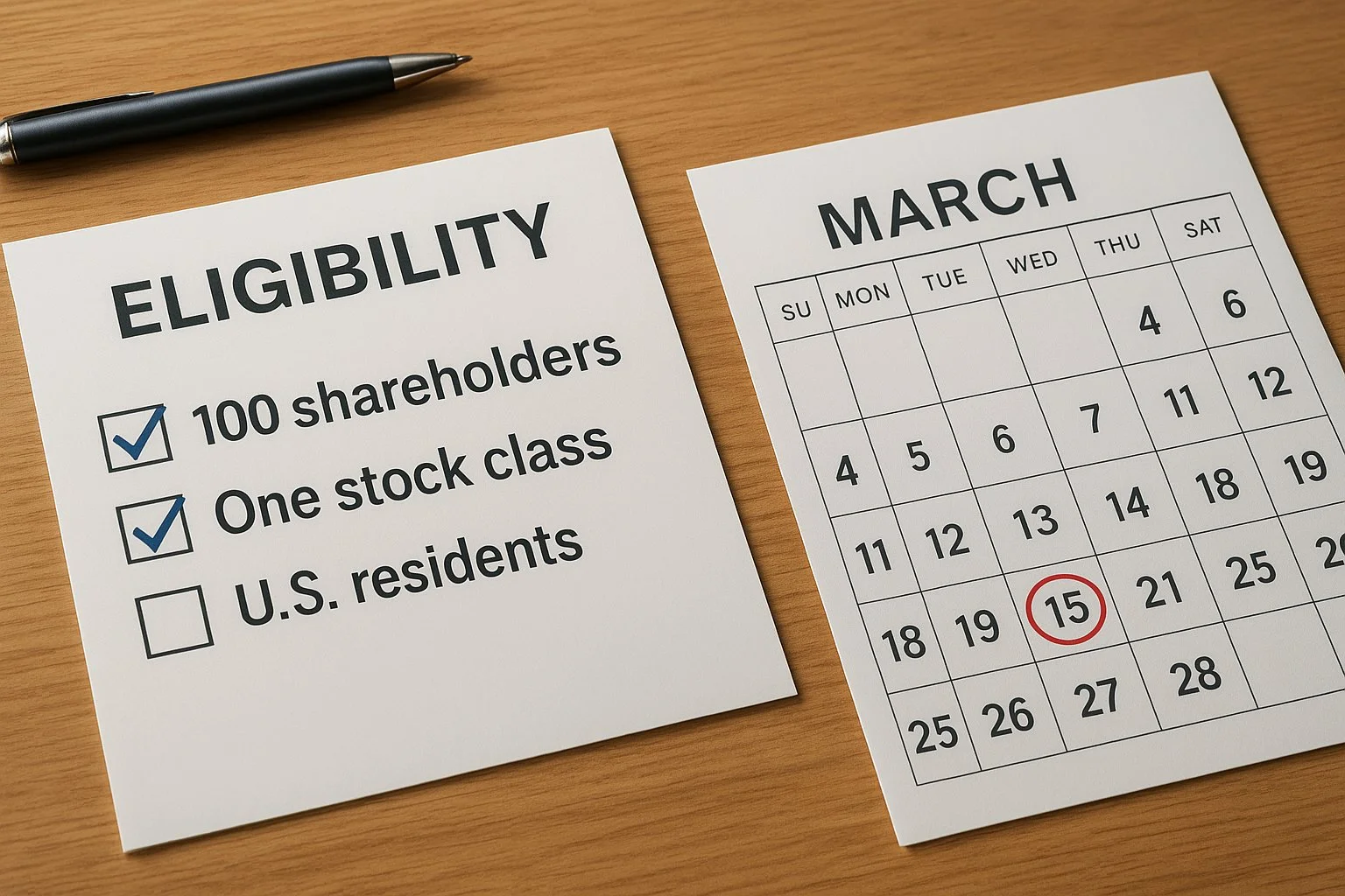 Checklist on a desk showing S corporation eligibility items—100 shareholders, one stock class, U.S. residents—checked off beside a calendar marked March 15.