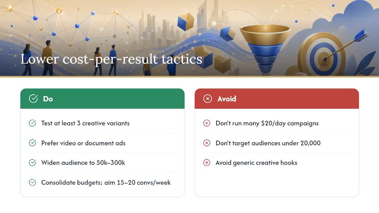 Tactics to lower cost-per-result and improve ROI — overview diagram