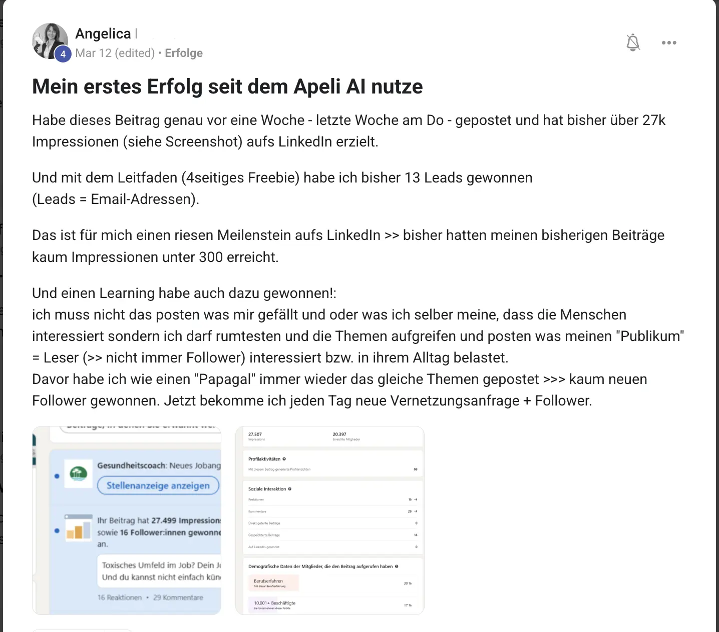 Erfolgsbericht KI Creator Akademie: Gesundheitscoach Angelica mit 27.000 LinkedIn-Impressionen und 13 Leads