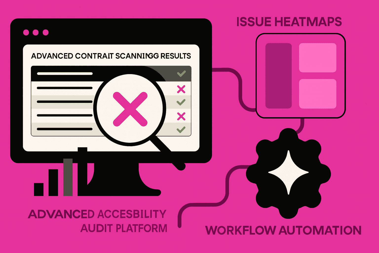Dashboard with automated contrast reports, issue clusters, and audit progress visualization.