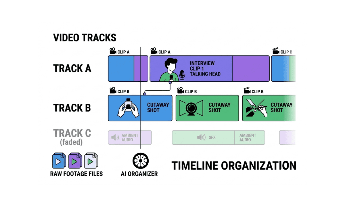 Flat illustration comparing A-roll interview footage and B-roll cutaway shots on a video editing timeline, representing the difference between A-roll and B-roll in video editing.