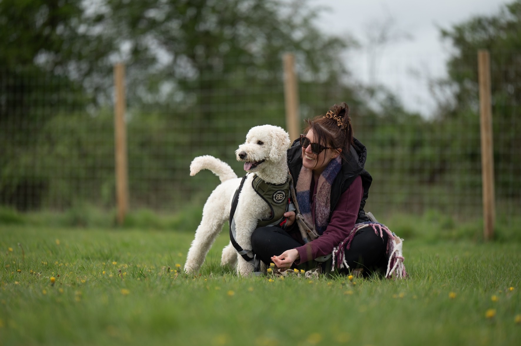 A happy, relaxed dog with their tongue out, being cuddled by their smiling owner