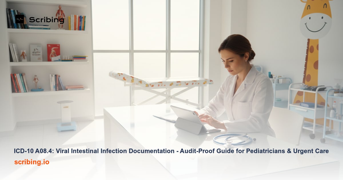 Pediatric urgent care clinical documentation setting representing ICD-10 A08.4 viral intestinal infection coding and dehydration claim documentation