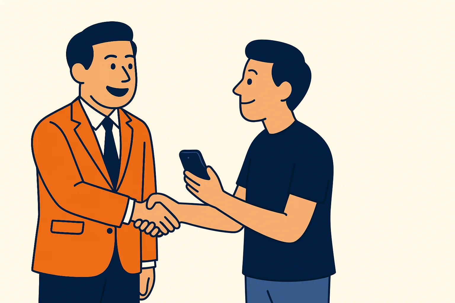 man-in-an-orange-blazer-shaking-hands-with-a-casual-man-holding-a-phone-on-a-light-background