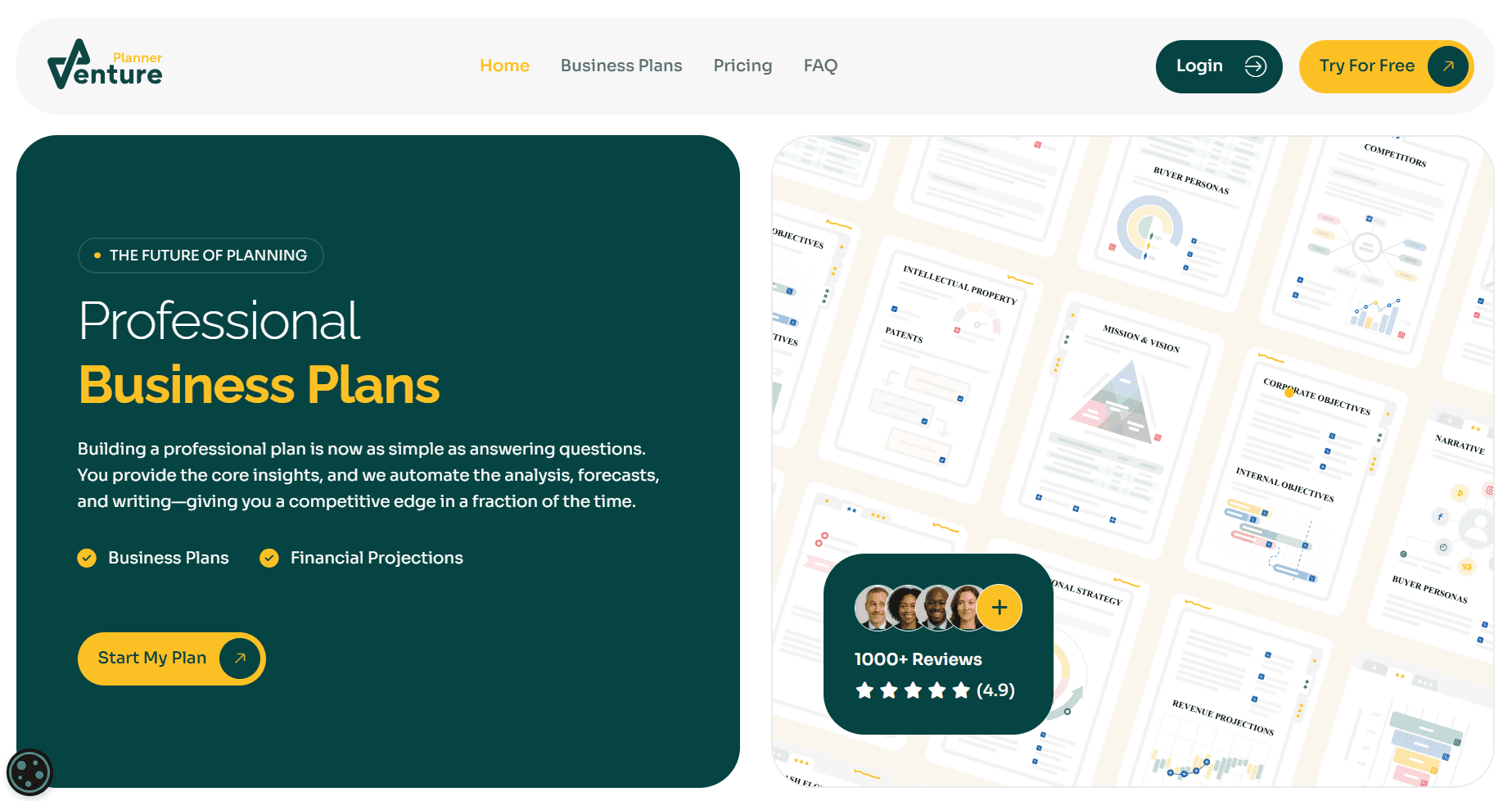 Homepage screenshot of Venture Planner featuring the headline “Professional Business Plans,” with a start button, review rating, and business plan dashboard visuals.