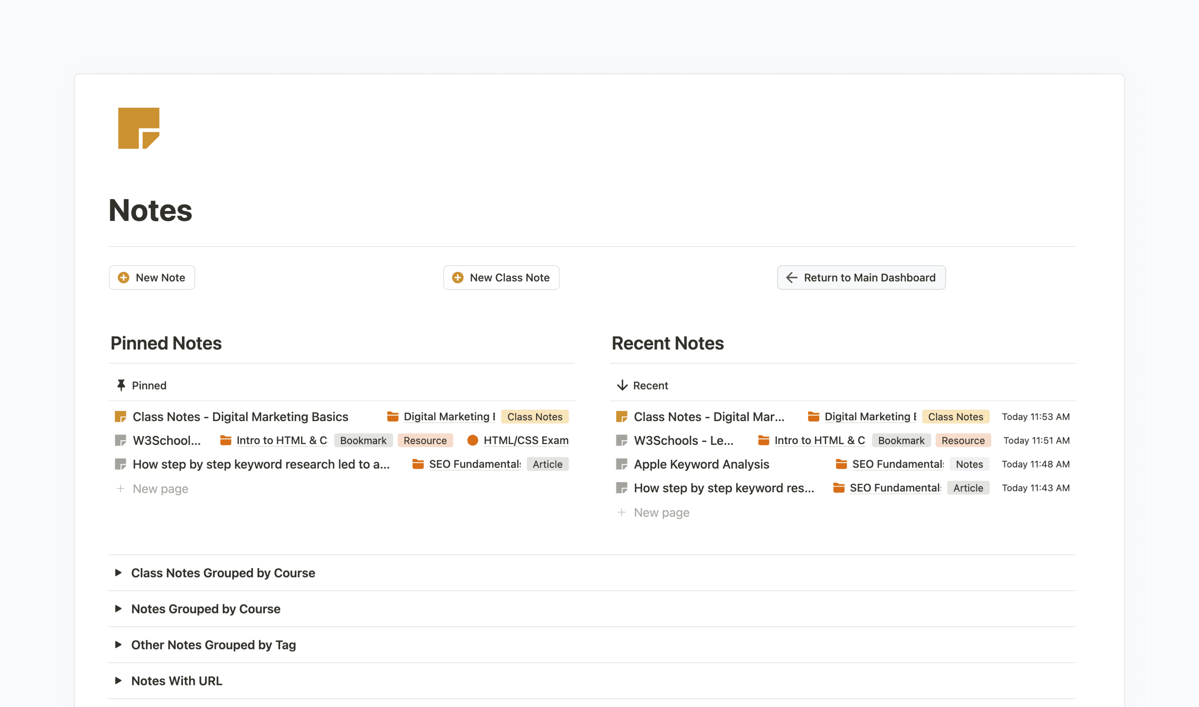 The notes page of the Student Smart Dashboard showing pinned notes and recent notes, and buttons to create new notes