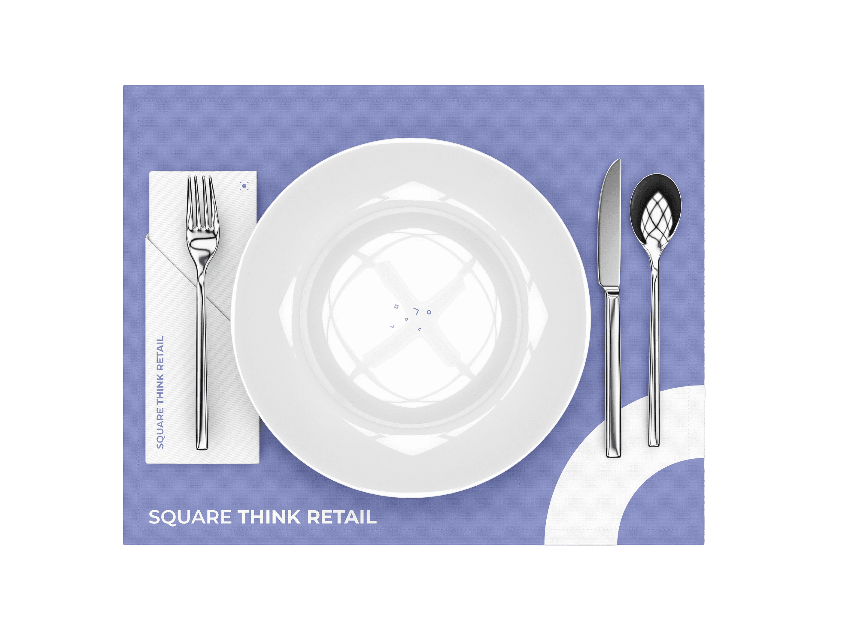 Branded table setting with white plate, cutlery, and Square Think Retail napkin on a periwinkle placemat.