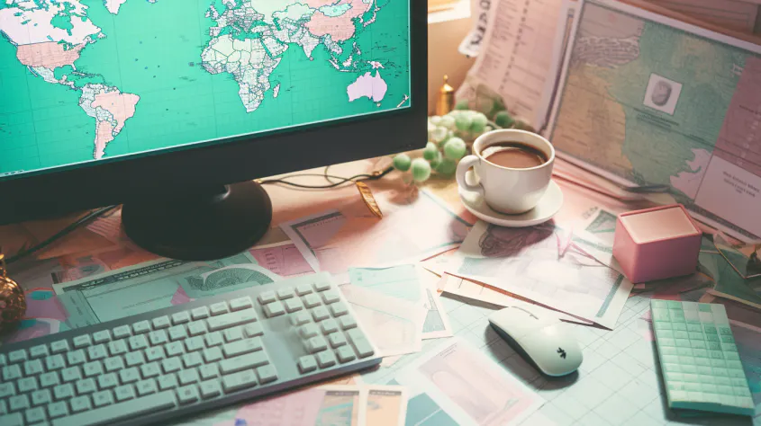 A computer with images of a world map is shown on a well lit desktop